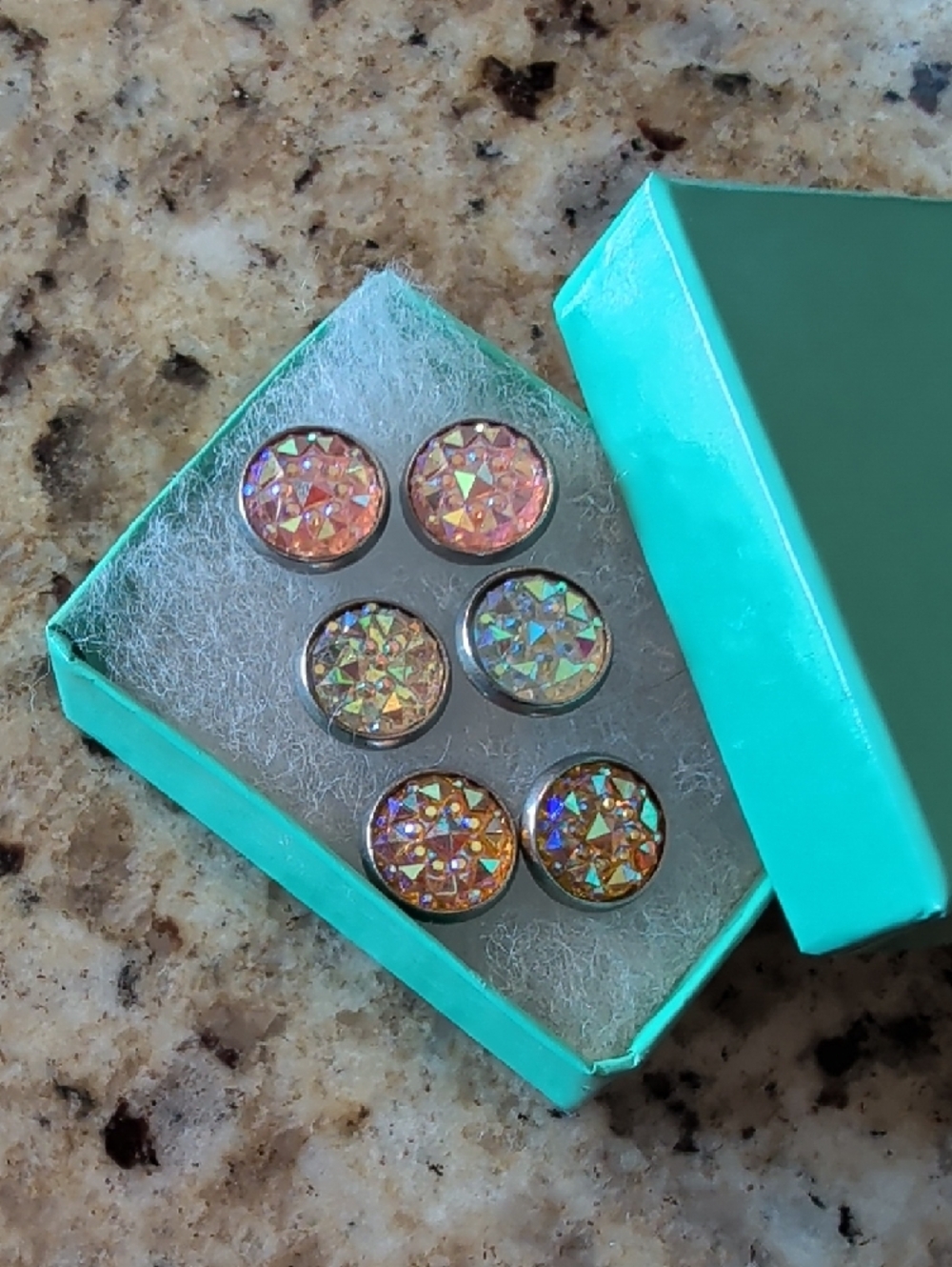 2 For $20.00- Iridescent Rhinestone Stud Earrings - Pink Gold Sparkle